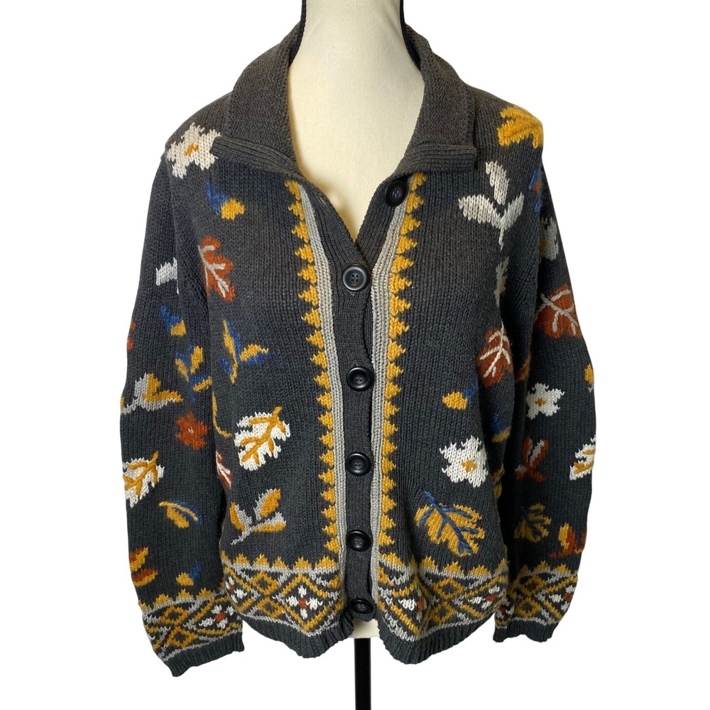 Norm‎ Thompson Leaf Knit Cardigan Women Large Gray Cotton Cottage Cabin Autumnal